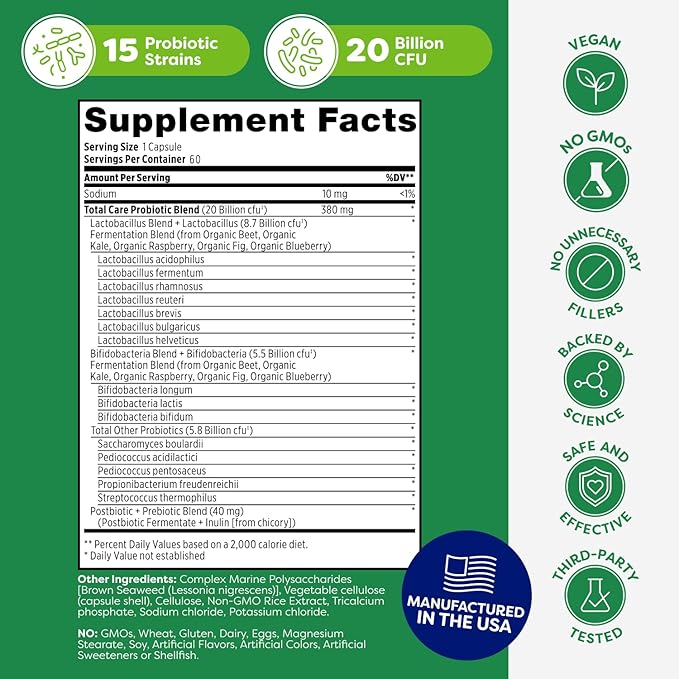Probulin Total Care Probiotic Supplement, Daily Gut, Digestive, and Immune Health Probiotics Capsules for Men and Women, 20 Billion CFU, Vegan, 60 Count Bottle