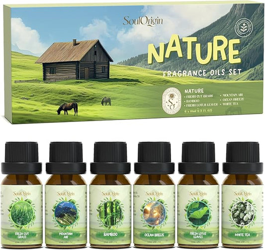 Nature Fragrance Oils Set, Essential Oil Gift Set for Diffuser, Natural Scent Diffuser Oil for Candle Making-Fresh Cut Grass, Mountain Air, Bamboo, Ocean Breeze, Fresh Lotus Leaf, White Tea
