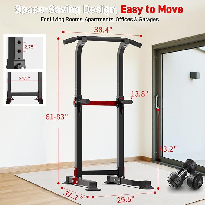 Outdoor Basic Power Tower, Pull Up Bar and Dip Station for Home Gym, 1600LBS Weight Capacity, Adjustable Height, Heavy Duty Steel Frame for Calisthenics, Strength Training Fitness Equipment