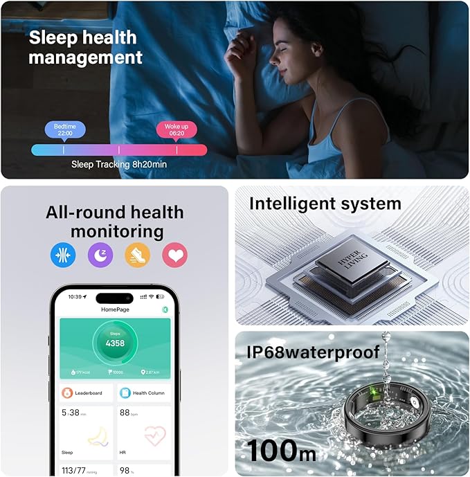 Smart Ring Health Tracker, Fitness Sleep and Heart Rate Monitor Smart Ring, Waterproof Bluetooth Fitness Tracker Ring IPX68 Waterproof (Rose Gold, 11)