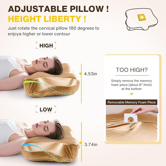Pain Relief Cooling Pillow for Neck Support Adjustable Cervical Pillow Side Sleeping Memory Foam with Super Soft and Cooling Satin Pillowcase Gold