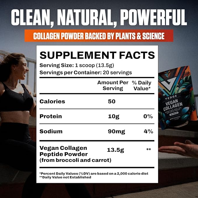 vedge Vegan Collagen Powder - Plant-Based Collagen Supplement for Hair, Skin, Nails, Joint & Gut Health. Collagen Peptides