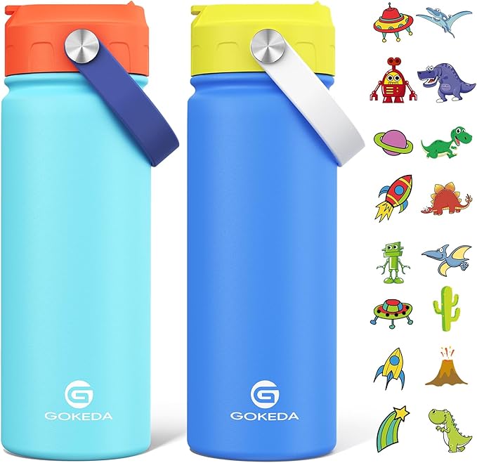 18oz Kids Water Bottle, 2 Pack Insulated Bottles with Stickers, 18/8 Stainless Steel Vacuum Leak Proof Straw Cup for School, Gifts for Boys Girls(Yellowe+Orange)