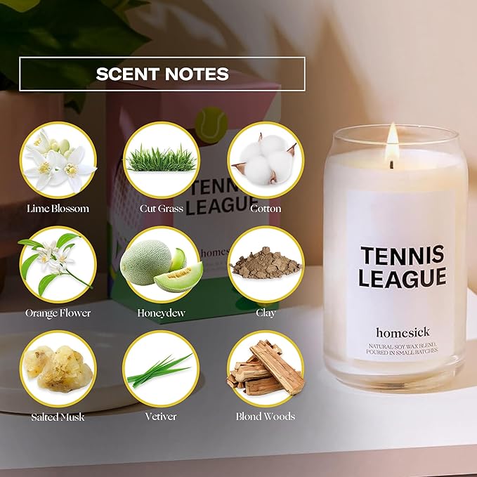 Homesick Scented Candles for Home (Tennis League) - 13.75 oz Long-Lasting Soy Wax Blend Jar Candle Gifts for Women & Men, 60-80 Hours Burn Time - Notes of Lime Blossom, Orange Flower, Salted Musk