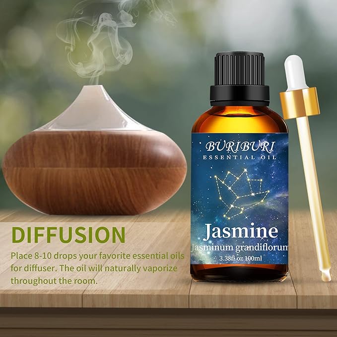 BURIBURI Jasmine Essential Oil 100% Pure Undiluted Aromatherapy Jasmine Oil 100ML/3.38fl.oz for Soap, Candle Making, Massage, Diffuser, Humidifier
