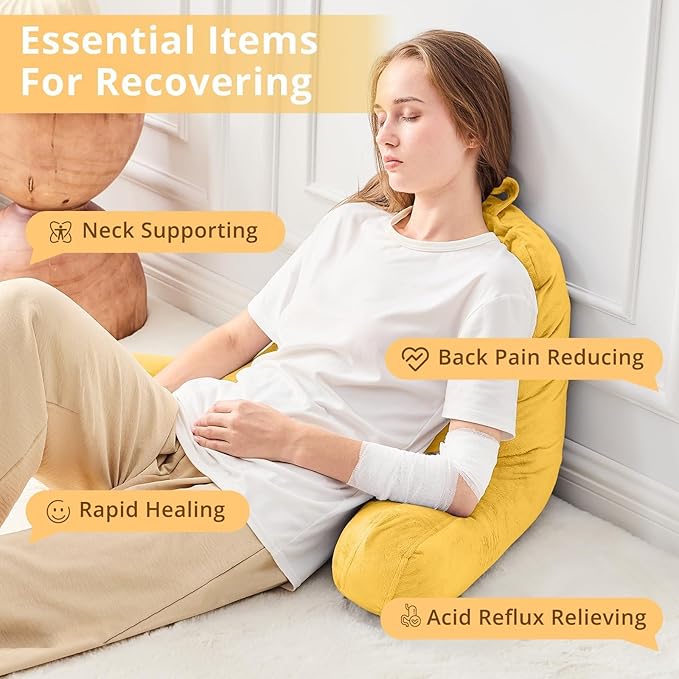 Sasttie Reading Pillow, Velvet Back Pillow for Bed Sitting Up, Adult Back-Rest Support Cushion with Arms for Sit Up on Couch, Sofa, and Floor, Dorm Essentials, Reading Accessories, Yellow