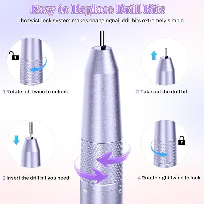 Electric Nail Drill Professional, 50000RPM Electric Nail File Portable Nail Drill Kit 6000mAh Rechargeable Machine for Acrylic Gel Nail, Manicure Pedicure Polishing Nail for Salon Home Purple
