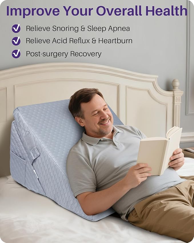 Adjustable Wedge Pillow for Sleeping Apnea, Acid Reflux Relief, Back Pain, Snoring & Post Surgery Recovery, Memory Foam Bed Wedge Pillow with Removable Washable Cover & Handle-Grey 9 & 12 Inch