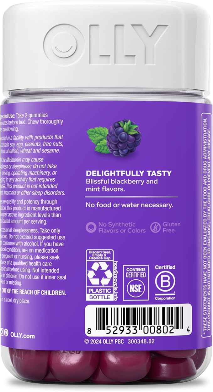 OLLY Sleep Gummy, 3 mg Melatonin, L-Theanine, Chamomile, Lemon Balm, Sleep Aid, Blackberry - 70 Count