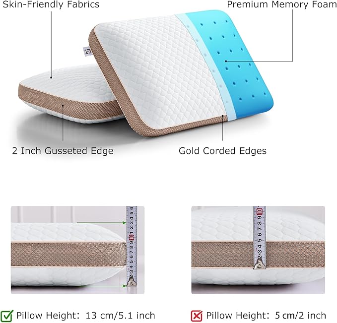 Memory Foam Pillows Standard Size, Medium Firm Pillow for Sleeping, Orthopedic Bed Pillow for Side, Back Sleepers, Ventilated Gel Foam Pillow with Washable Cover, 23.6" x 15.7"x 5.1"