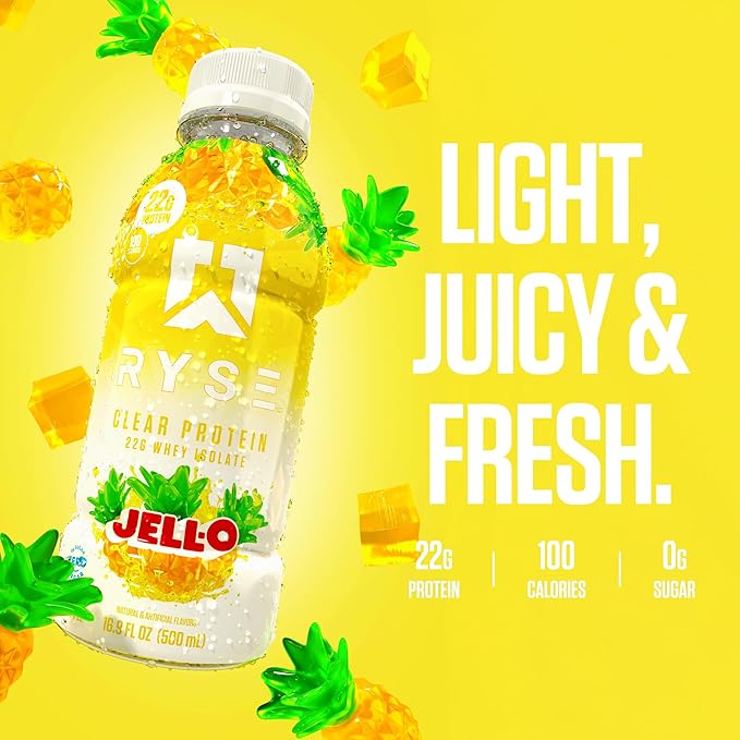 RYSE Clear Protein Shake - Jell-O Island Pineapple - 100 Calories, 22g Whey Isolate Protein, Sugar-Free, 0g Fat & Lactose-Free - Refreshing Ready-to-Drink Beverage - 16.9 fl oz Bottles (12-Pack)