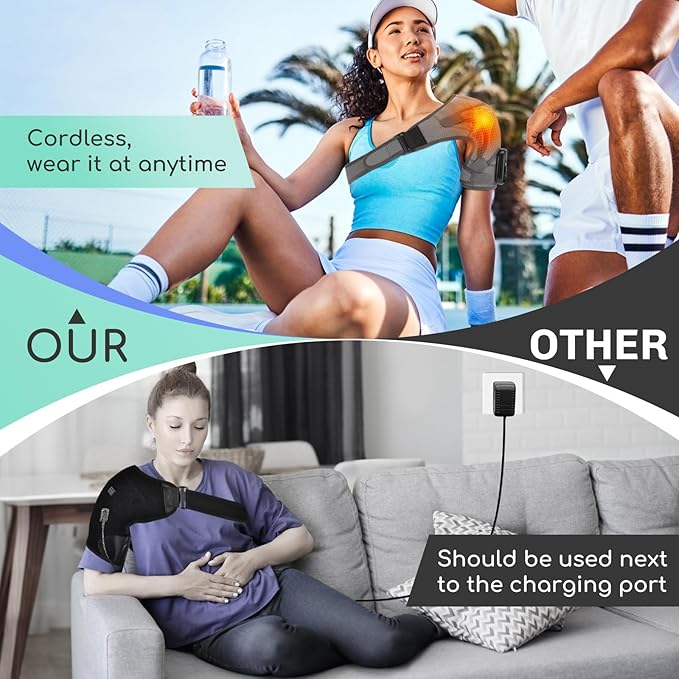 Cordless Shoulder Heating Pad with Massage, Heated Shoulder Brace – 3 Heat & Massage Settings, Shoulder Heating Pad for Pain Relief, Adjustable Shoulder Warmer for Men and Women