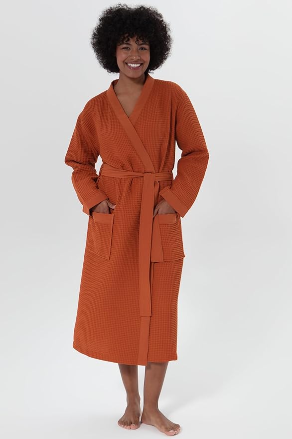 SEYANTE Womenโs Luxury Waffle Shawl Collar, Hooded Robe w Piping โ Lightweight, Long, Ultra Soft Spa Sleepwear Bathrobe