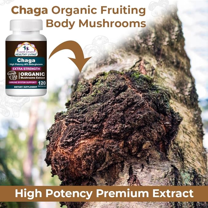 Cancer Sciences Chaga Wellness Mushrooms Supplement, USDA Certified Organic Mushroom Extract, Extra Strength 1,500 mg, High Potency 40% Beta-Glucans, Immune Support, Gut Health, Antioxidant, 120 Caps