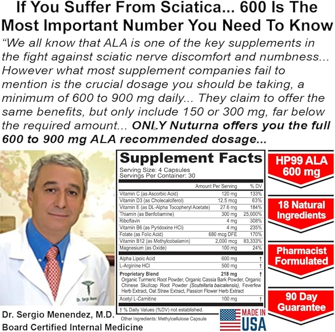 Sciatica Nerve Relief Supplement with 600 mg Alpha Lipoic Acid - Maximum Strength ALA Sciatic Support for Feet, Hands, Fingers, and Legs - Ultra Potent 18-in-1 Natural Nerve Vitamins - 120 Capsules