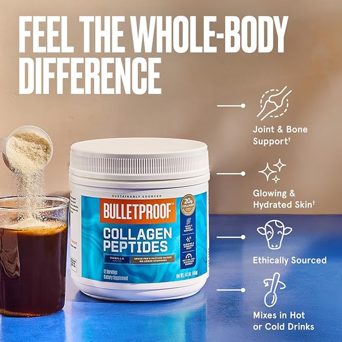 Bulletproof Vanilla Collagen Peptides Powder with MCT Oil, 14.3 Ounces, Grass-Fed Collagen Protein for Skin, Bone and Joint Support, Pasture Raised, No Added Hormones, Packaging May Vary