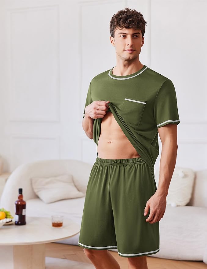 Ekouaer Men's Pajamas Set Casual Short Sleeve Shirts and Shorts Soft 2 Piece Loungewear With Pockets