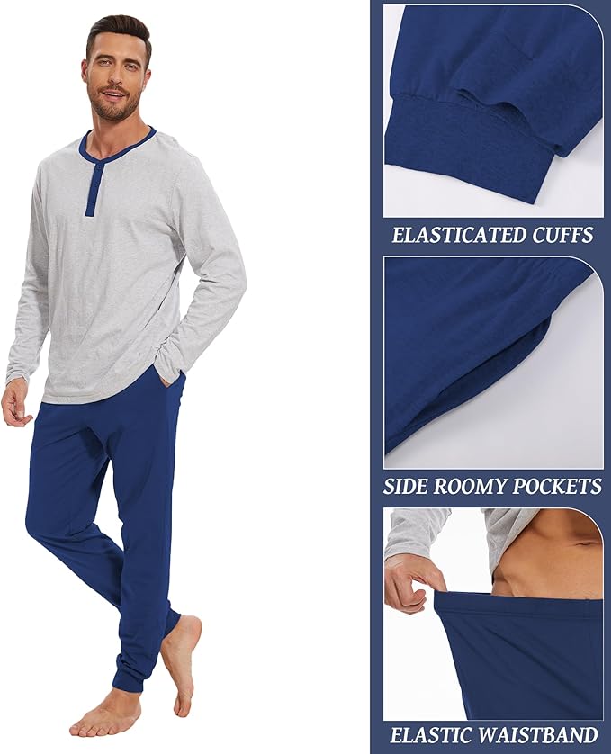 Men's Pajama Set with Henley Neckline 100% Cotton Soft and Comfortable Nightwear 2-Piece Lounge Set