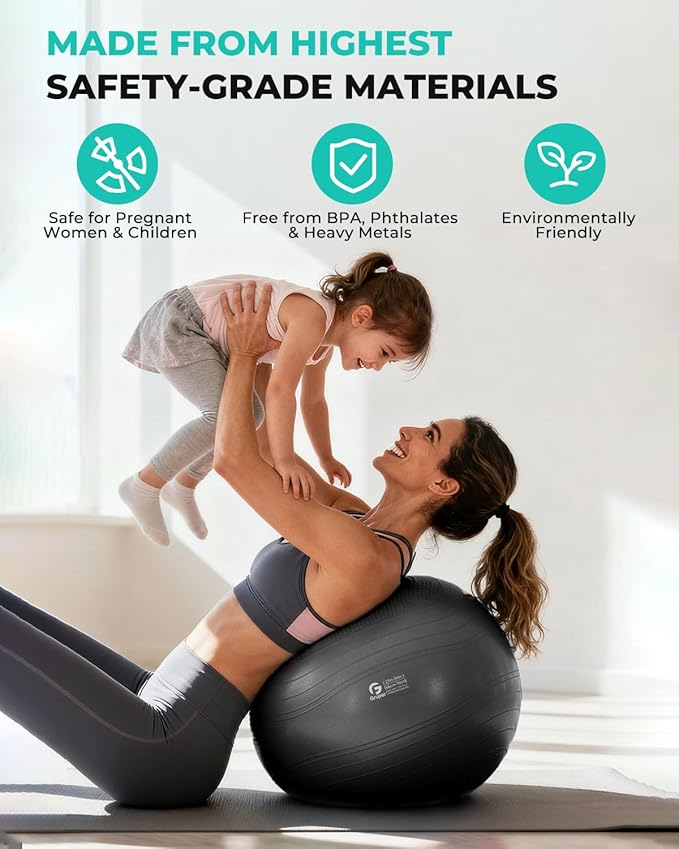 Gruper Yoga Ball, Extra Thick Exercise Ball for Workout Pregnancy Stability - 4 Sizes Anti Burst Balance Ball for Yoga, Pilates, Fitness, Birthing, Physical Therapy - Includes Pump