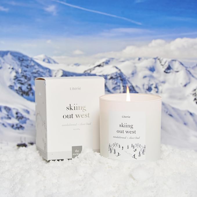 Literie NYC Inspired Scented Candle: Skiing Out West - Sandalwood & Clove Bud Scent, 9oz, 50 Hour Burn, Vegan Soy & Coconut Blend Candle for Home Decor, Gift for Women & Men