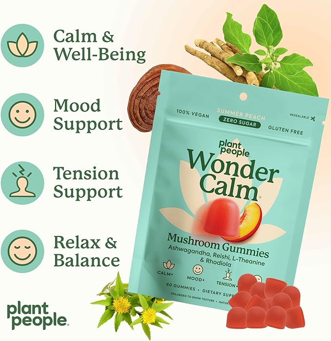 Plant People WonderCalm Mushroom Gummies - Natural Ashwagandha Supplement to Ease Stress & Boost Mood for Adults Without Sugar, Gluten or Artificial Colors, Vegan-Friendly, Peach Flavor, 60 Count