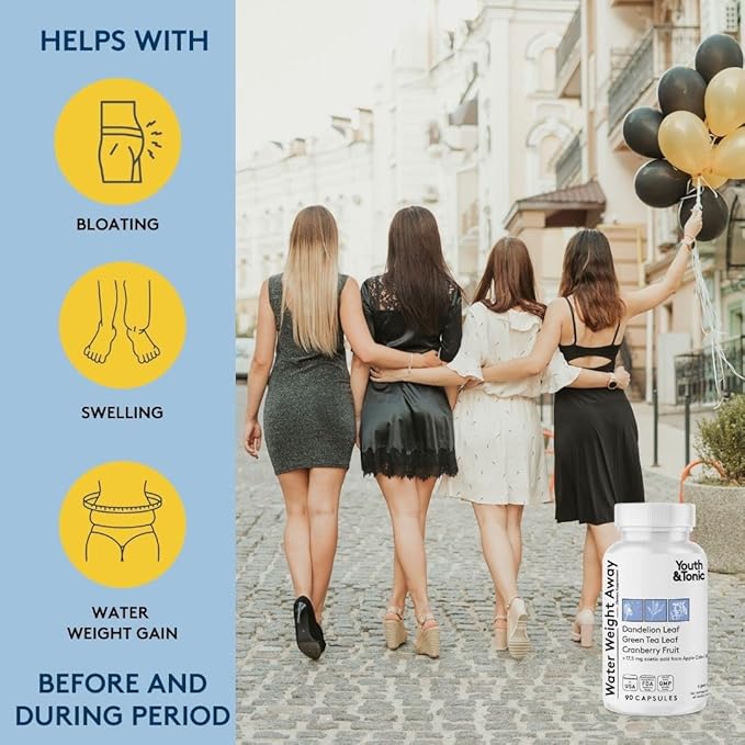 Youth & Tonic Water Weight Away – Natural Diuretic for Swelling, Belly Bloating & Fluid Retention – Herbal Water Pills for Women & Men, 90 Capsules
