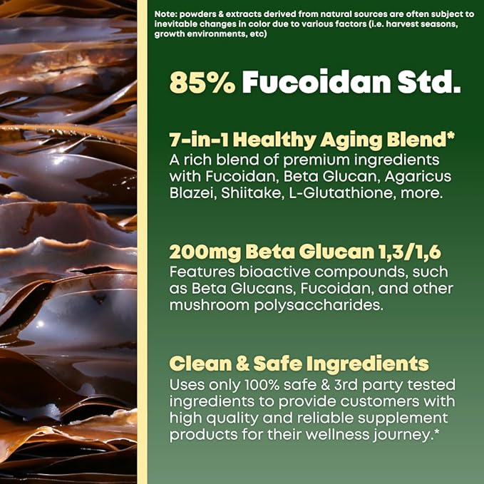 Beta Glucan & Fucoidan Brown Seaweed Extract - L Glutathione, Shiitake, Agaricus Blazei Mushroom, Vitamin C - Immune, Cellular, Healthy Aging Support - 90 Capsules, Non GMO, Gluten Free Supplement