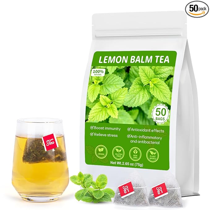 Lemon Balm Tea, 100% Pure & Natural Lemon Balm Leaves Herbal Tea Bags, Promotes Relaxation & Aid In Digestion, Caffeine Free, Non-GMO, Additives Free(1 Pack/50 Bags)