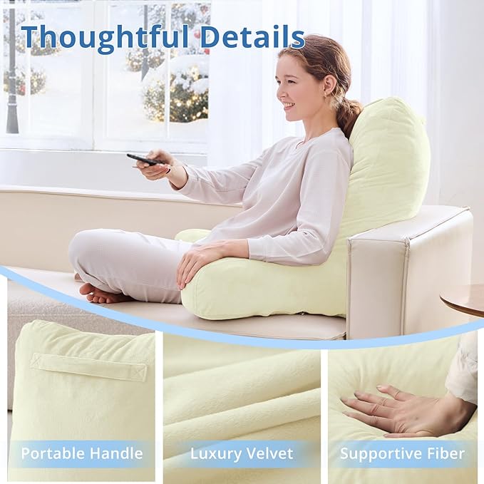 Sasttie 25-inch Reading Pillows for Sitting in Bed Adult, Jumbo Velvet Back Pillow Bed Sitting Up, XL High Back-Rest Support Cushion for Sit Up on Couch & Floor, Oeko-Tex Certified, Cream