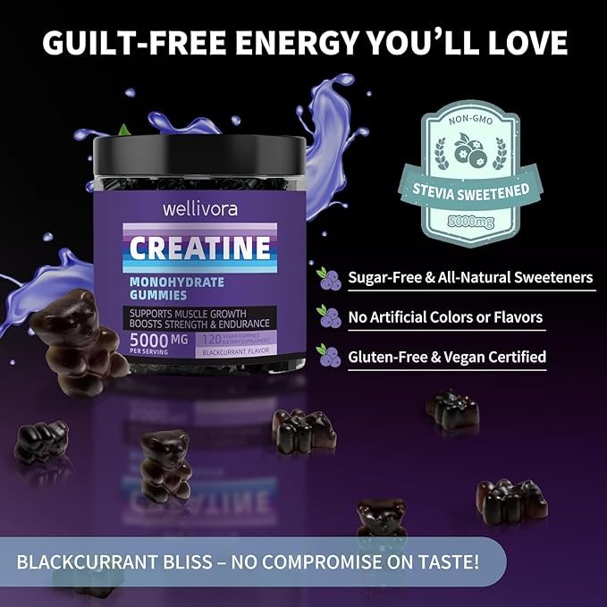 Creatine Monohydrate Gummy - 5000mg per Serving, 120 Count - Supports Muscle Strength, Endurance, and Energy - Delicious Blackcurrant Flavor - Gluten-Free, Vegan-Friendly