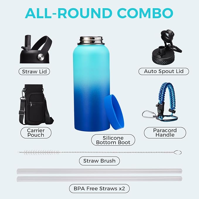 32oz/40oz/64oz Insulated Water Bottles - Vacuum Triple Walled Cold-48H Hot-24H, Water Bottle w/Straw & Chug Lid, Paracord Handle, Bottle Carrier, Stainless Steel Water Flask Mug for Sport Gym Yoga