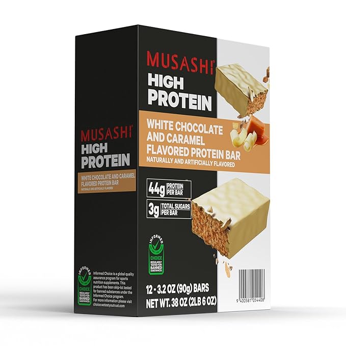 MUSASHI High Protein Bar, 45g Protein, 2g Total Sugars, White Chocolate Caramel, Post Workout and Protein Snack On The Go, 12 Pack of 3.2oz (90g) Bars