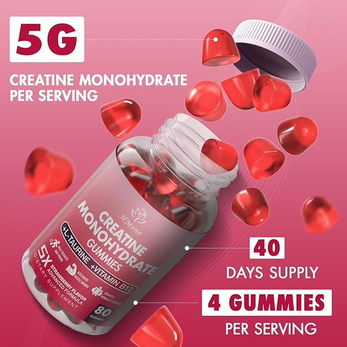 Creatine Monohydrate Gummies - 5g for Men & Women, 160 Count and Creatine Chewable Supplements for Muscle Gain, Muscle Strength, Energy Boost, and Muscle Builder, Sugar Free, Vegan (Strawberry)