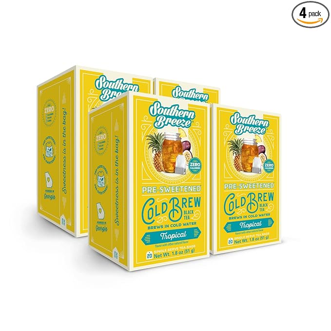 Southern Breeze Cold Brew Sweet Tea Tropical Iced Tea with Black Tea and Zero Carbs Zero Sugar, 20 Individually Wrapped Tea Bags, Pack of 4