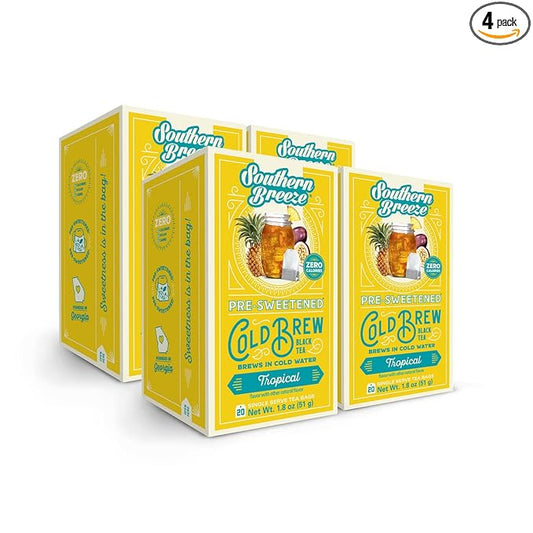 Southern Breeze Cold Brew Sweet Tea Tropical Iced Tea with Black Tea and Zero Carbs Zero Sugar, 20 Individually Wrapped Tea Bags, Pack of 4