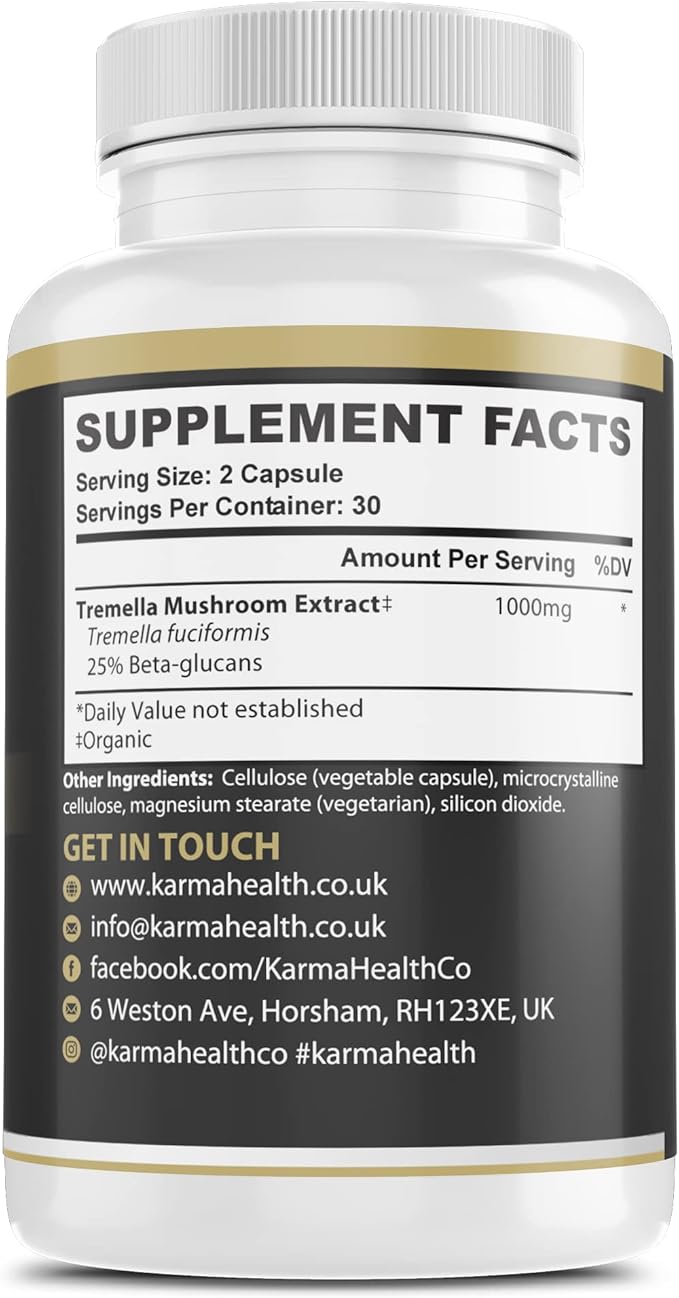 Tremella Mushroom Powder Capsules - Compressed White Snow Fungus Mushroom Powder Supplement - 25% Beta Glucan Content, Vegan & GMO Free. Snow Fungus Organic Supplement