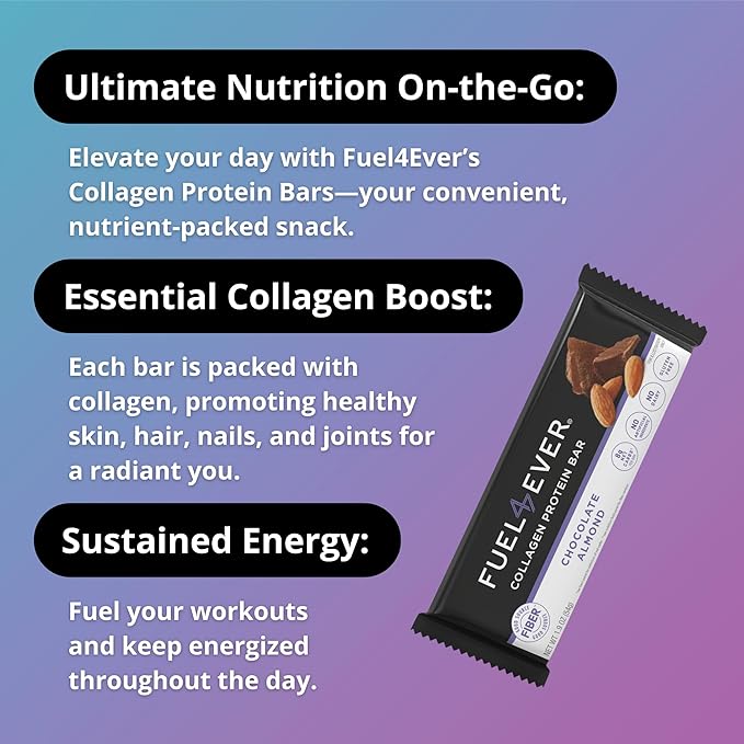 Fuel4Ever Collagen Protein Bars | 14G protein, Gluten Free, Dairy Free, No Stevia or Artificial Ingredients Added, Sweeteneed with Honey | Box of 12 Chocolate Almond Flavor
