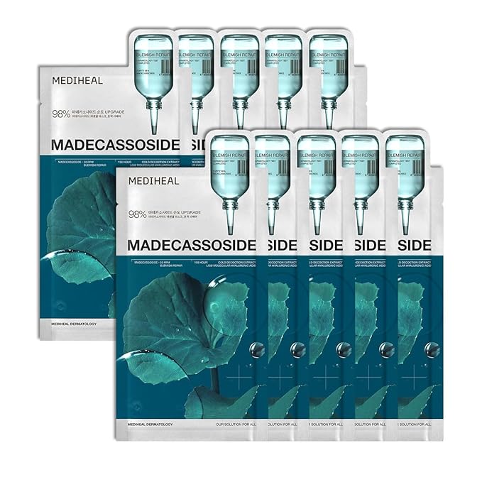 Mediheal Essential Mask (10pcs, Madecassoside) 98% Purity Madecassoside & Hyaluronic Acid Included. Enhancing Moisture Barrier & Skin Texture Care. Vegan Formula Sheet Mask