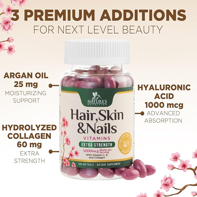 Hair, Skin & Nails Vitamins for Women - Biotin 5000mcg to Support Hair Growth with Argan Oil, Collagen & Hyaluronic Acid, Beautiful, Stronger Skin, Hair & Nails Vitamin Supplement - 120 Softgels