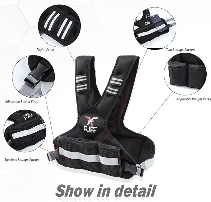 FUFF Weighted Vest Woman 4–10/11–20/20–32 Lb Unisex With 6 Weight Bags, Reflective Adjustable Weighted Vest For Walking, Exercise And Strength Training