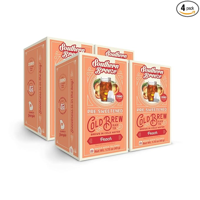Southern Breeze Cold Brew Sweet Tea Peach Iced Tea with Black Tea and Zero Carbs Zero Sugar, 20 Individually Wrapped Tea Bags, Pack of 4