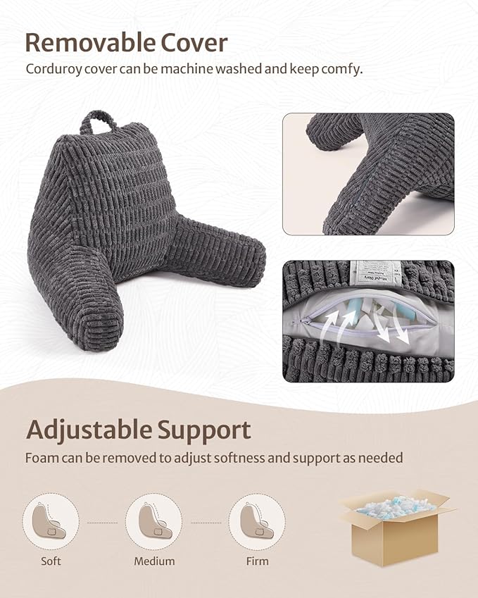 Blissful Diary Reading Pillow, Large Backrest Pillow with Shredded Memory Foam for Adult & Children, Designed for Bed and Couch Sitting Up, Includes Arms, Pockets and Washable Cover, Dark Gray