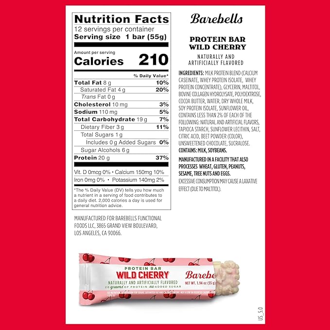 Barebells Protein Bars Wild Cherry - 12 Count, 1.94 oz Bars - Snacks with 20g of High Protein - Chocolate Nutrition Bar with 1g of Total Sugars - On The Go Snack & Breakfast Bars