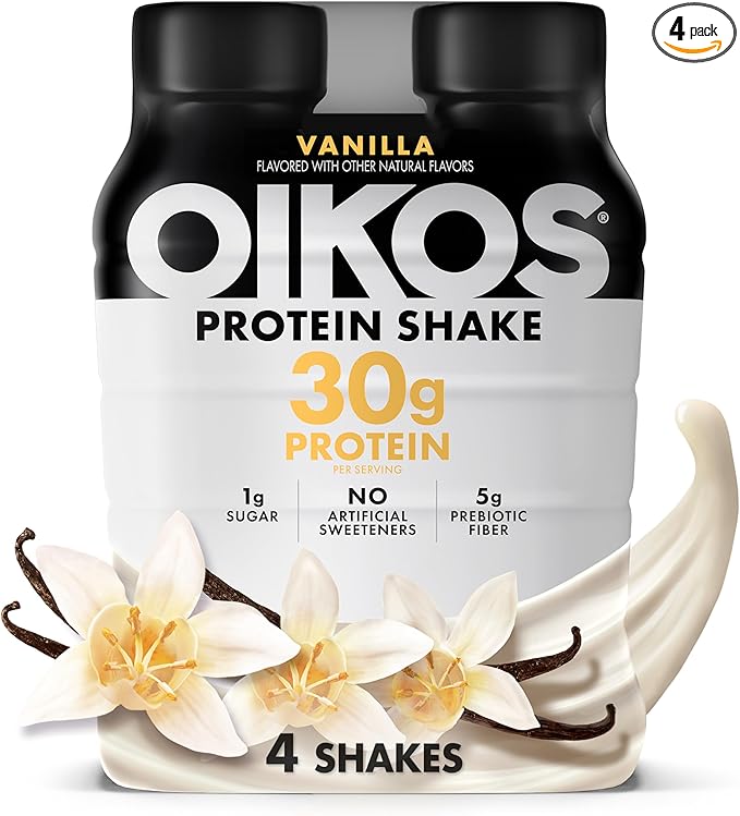 Oikos Protein Shake, Vanilla, 30g High Protein Drinks, Shelf Stable, Ready to Drink, 5g Prebiotic Fiber, 12 fl oz Bottle, 4 Count
