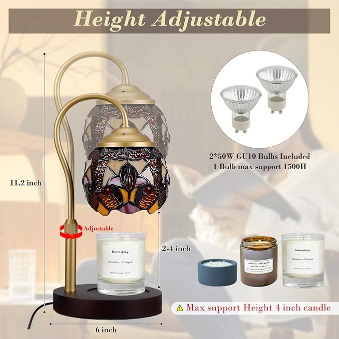 Candle Warmer Lamp with Timer Dimmer, Adjustable Height Candle Warmer for Jar Candles, Birthday Gifts for Women New Home Bedroom Decor Tiffany Baroque Style Stained Glass with 2 Bulbs