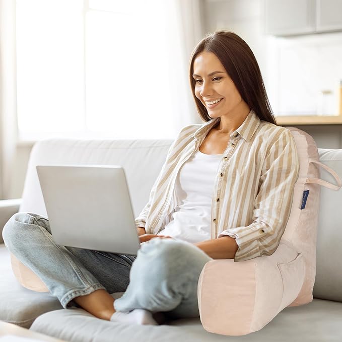 Portable Comfy Reading Pillows for Sitting in Bed Adult(Khaki Oeko-Tex), Velvet Bed Pillow with Arms & Pockets,Elastic Sponge & Washable Cover,Back Pillow for Reading/Watching/Gaming/Resting