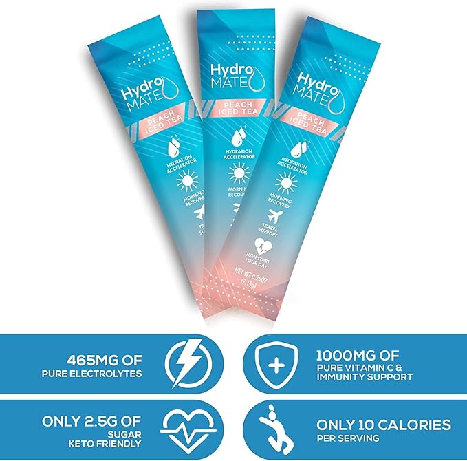 HydroMATE Electrolyte Powder Peach Tea Hydration Packets Low Sugar 16 Count