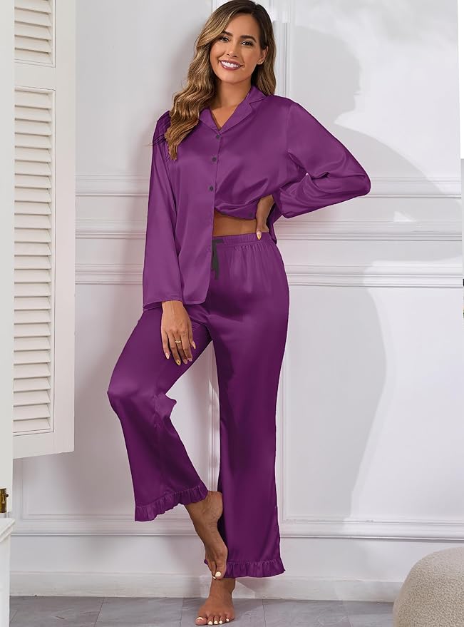 Veseacky Womens Satin Pajama Set Silk Pjs Button Down Long Sleeve Sleepwear Loungewear Sleepwear 2 Piece Pjs Set S-XXL