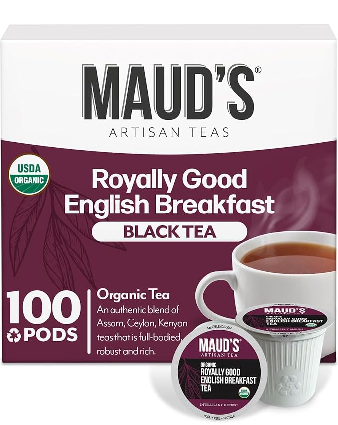Maud's Organic English Breakfast Black Tea Pods, 100 ct, Recyclable Single Serve Pods – 100% Gourmet Blended Tea Leaves, Compatible with Keurig K Cups Maker