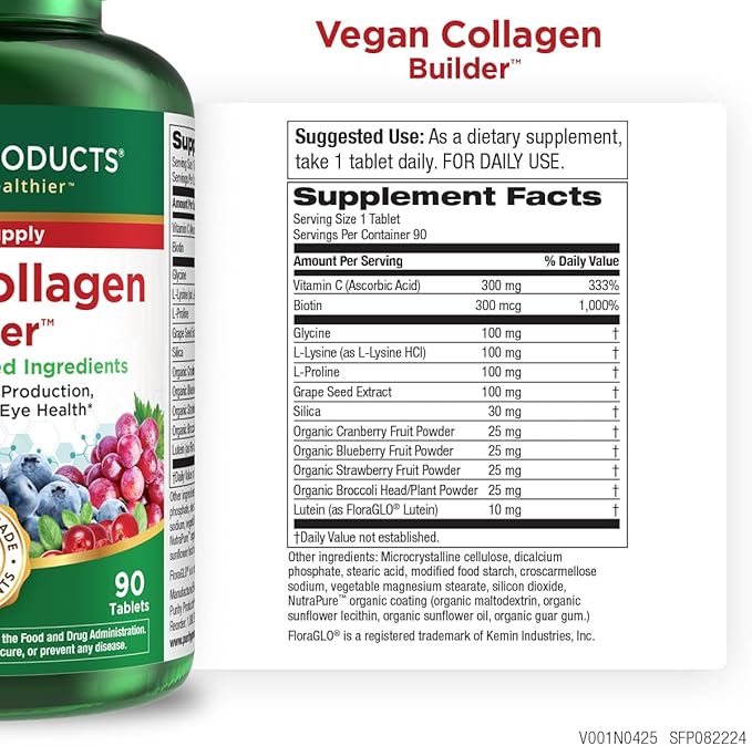Purity Products Vegan Collagen Builder - Organic Whole Foods Fruits + Veg, Silica, Lutein, Vitamin C, Biotin, Grape Seed - Amino Acids Glycine, Lysine + Proline Collagen Boosters - 90 Tablets